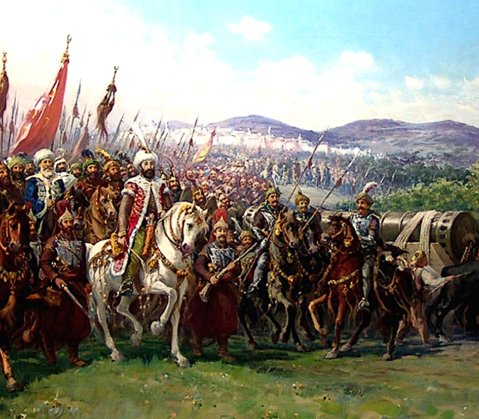 Mehmet II, al frente de su ejército, se dispone a atacar Constantinopla. Fausto Zonaro. 1903. Palacio Dolmabaçe, Estambul. copia.jpg